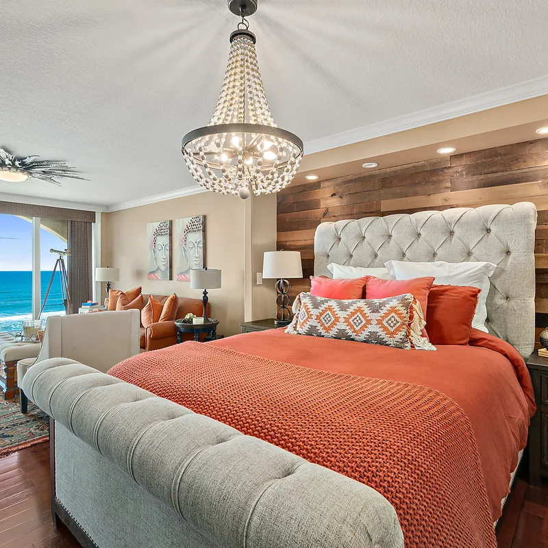 Primary bedroom with direct Atlantic Ocean views in the Ormond Beach oceanfront penthouse